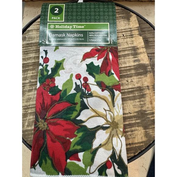 Holiday Time Set Of 2 Christmas Napkins Damask 17 X 17 Red Green New - Picture 2 of 5